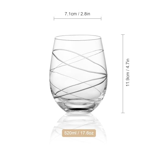Joeyan Hand Blown Etched Stemless Wine Glasses for Red Wine,Large Carved Drinking Glass Cups Tumblers with Strips Swirls Pattern for Wedding Anniversary Party Home,Set of 2, 17.5 oz, Dishwasher Safe - color: Etched Swirls Vertical Stripes Patterned