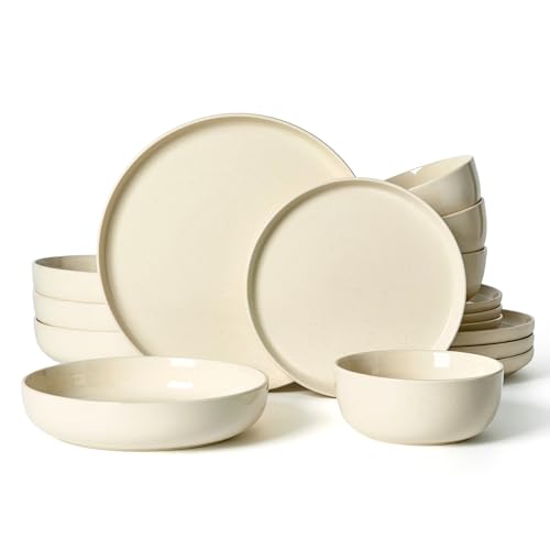 Famiware Milkyway 16-Piece Stoneware Plates and Bowls, Almond Milk | Dinnerware Set with Pasta Bowls for 4, Dish Set for Everyday Dining, Microwave/Dishwasher Safe, Chip/Scratch Resistant - color: Almond Milk, size: Service for 4 (Include Pasta Bowls)