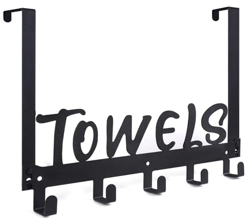 Gohiuo Over The Door Hook, 5-Hook Black Bathroom Towel Holder | Space saver with door mounting design and wall drilling option, durable metal rack for towels coats, cute bathroom decor - color: Black