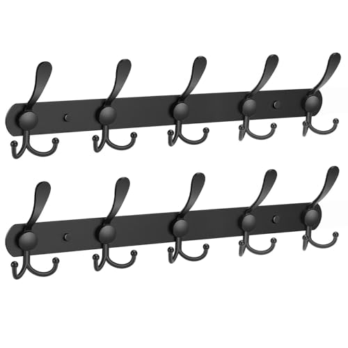 YUNISS Coat Rack Wall Mounted，5 Tri Stainless Steel Coat Hook for Coat Hat Robes Towel in Mudroom Entryway (Black, 2 Pack 5 Hook) - color: Black, size: 2 Pack 5 Hook