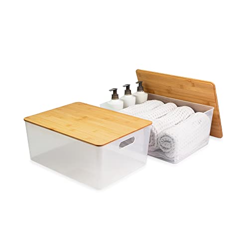 Isaac Jacobs 2-Pack XL Clear Storage Bins w/Cut-Out Handles and Bamboo Lid | Plastic Organizers for Home, Pantry, Kitchen, Closet, Office, Home Decor, BPA Free, Food Safe (Extra-Large, Clear) - color: Clear, size: Extra-Large