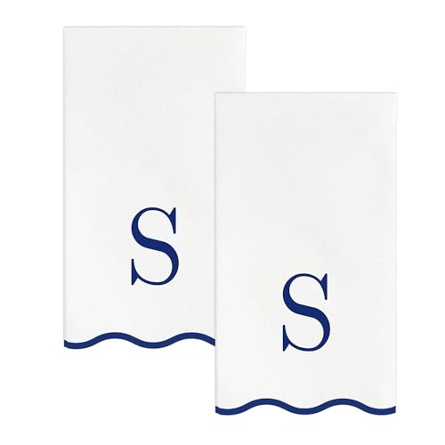 Stxy's Monogram Guest Towels, 40 Lettered Hand Towels - Navy Blue Letter 'S', Decorative Scalloped Monogrammed Paper Napkins, Blue and White Disposable Dinner Napkins for Bathroom, S Gifts - style: S