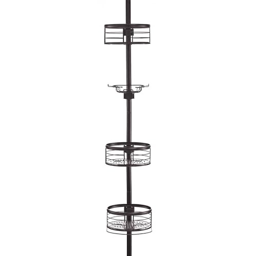 Tension Pole Shower Caddy Corner Organizer, Adjustable Standing Shower Caddy with 3 Removable Baskets and Hooks, Rust Resistant Tension Rod Organizer, 60.5 to 108 Inch, Oil Rubbed Bronze