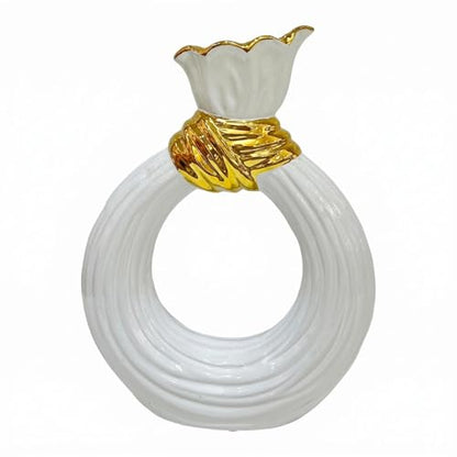 Circular Shaped Ceramic Vase White Glazed Ribbed Ceramic Vase Table Decoration for Tabletop, Floral Display, L 17cm W 6.5cm H 24cm - size: L 17cm W 6.5cm H 24cm