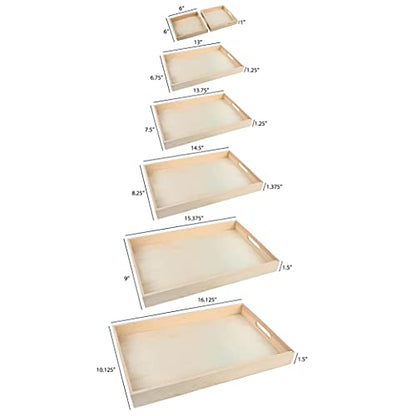 Wooden Serving Trays with Handles - 7 Piece Nested Breakfast Set - Perfect for Organizing, Bathroom, Party Buffet & Serving