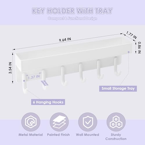 VIS'V Key Holder Wall Mount, Adhesive Key Rack with Tray, 6 Hooks, White | 2 Mount Options, Compact Discreet Design, Suitable for Entryway, Hallway, Doorway, Kitchen, Garage, Camper - color: White