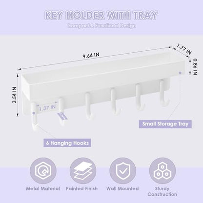 VIS'V Key Holder Wall Mount, Adhesive Key Rack with Tray, 6 Hooks, White | 2 Mount Options, Compact Discreet Design, Suitable for Entryway, Hallway, Doorway, Kitchen, Garage, Camper - color: White