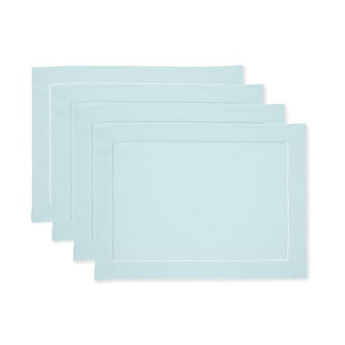 Solino Home 100% Pure Linen Woven Placemats Aqua Blue, 14 x 19 in, Set of 4 | Classic Hemstitch Place Mats place settings for daily dining | hand hemstitched borders, artisan crafted | OEKO-TEX Certified - color: 11: Aqua Blue, size: 14" X 19" (Set of 4)