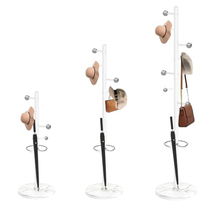 Coat Rack Stand, White Metal Coat Rack Freestanding with 8 Hooks | Coat Rack with Natural Marble Base,Modern Coat Hanger Stand, 3 Adjustable Coat Clothes Tree Stand for Office - color: White-8 Ball Hooks