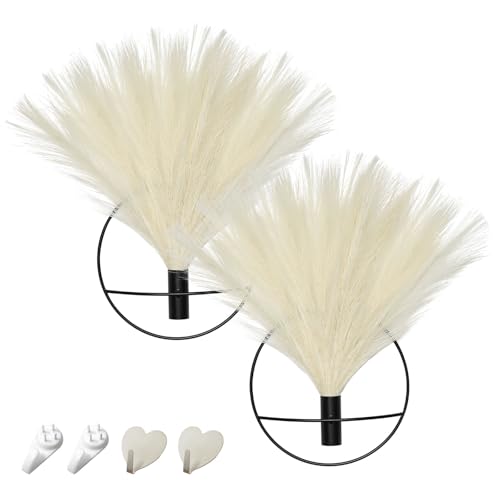 Pretty Jolly Boho Pampas Wall Decor Black Metal Wall-Mounted Art | Morden Artificial Greenery Display，2 Pack Beige Hanging Planter For Living Room, Bedroom, Bathroom, Dining room - color: 04-pampas-beige - Black Ring, size: S 7.8inch (Black Ring)