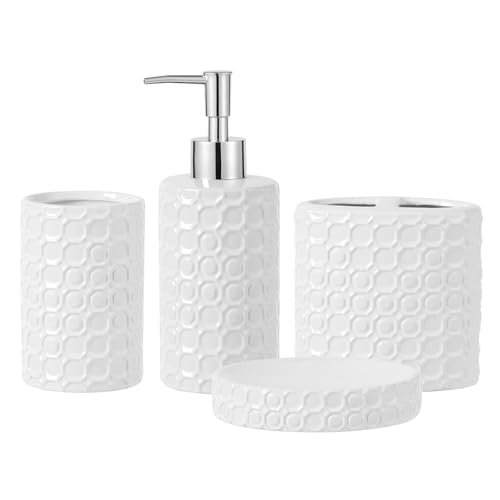 White Ceramic Bathroom Accessories Set, 4 Piece, Honeycomb Design with Soap Dispenser Pump, Tumbler, Toothbrush Holder, Soap Dish - color: White 005