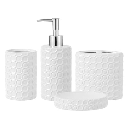 White Ceramic Bathroom Accessories Set, 4 Piece, Honeycomb Design with Soap Dispenser Pump, Tumbler, Toothbrush Holder, Soap Dish - color: White 005
