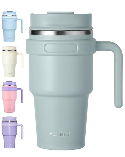 20 oz Insulated Travel Coffee Mug Tumbler with Handle and Straw | Leakproof Stainless Steel Coffee Cup with Lid, Double Wall Vacuum Ice Thermal Cup, Sage - color: .Sage, size: 20 Ounces