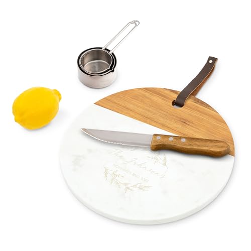 Weddingstar Custom Engraved Circular Wooden Acacia Plank & Marble Cutting Board Serving Tray - Signature Script - style: Signature Script