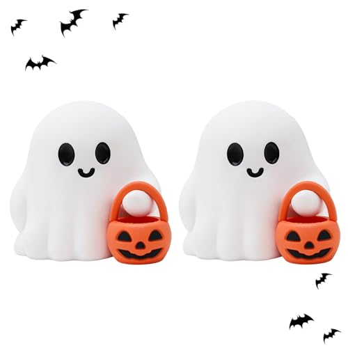 2 Pcs Halloween Ghost Figurine Cartoon Cute Spooky Carrying Pumpkin Basket Desk Display Ornament Tiny Trick or Treat Ghost Resin Halloween Statue for Home and Office Tabletop Decor Supplies - color: 2pcs Ghost Pumpkin