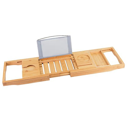 Utoplike Bamboo Bathtub Caddy Tray for Tub, Adjustable Bath Table | Bathroom Organizer with Book Tablet, Wine Glass Cup, Towel Holder - color: Natural
