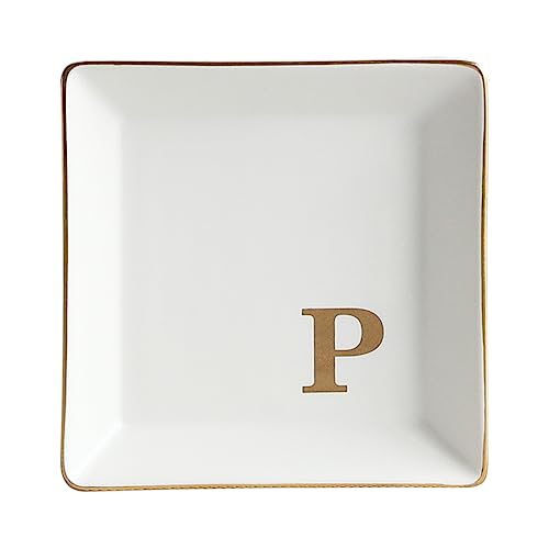 COLLECTIVE HOME - Ceramic Jewelry Tray, Monogram Decorative Trinket Dish for Rings Earrings Necklaces Bracelet Watch Keys, Birthday Mother's Day Christmas Gift for Women, 4" x 4" (P) - color: P