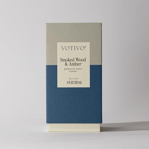 Votivo Smoked Wood & Amber Signature Reed Diffuser | Woody Scented Home Fragrance Diffuser with Sticks, Reed Oil and Glass Bottle | Decorative Air Freshener for Home Decor | 4 oz