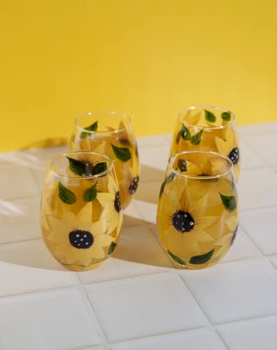 Hand-Painted Sunflower Stemless Wine Glass Set - Rustic Country Farmhouse Decor - Kitchen Gift, Set of 2
