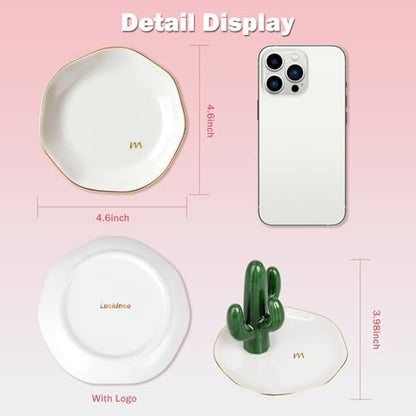 LUCKINEE Ceramic Jewelry Tray Round Ring Dish Trinket Dish Gifts for Women | Personalized Birthday Gifts for Mom Dad,Sisters and Friends,with 1pc Gold Puffy Letter Sticker A-Z, With 1pc Greeting Card - color: DIY Cactus Style - A-Z