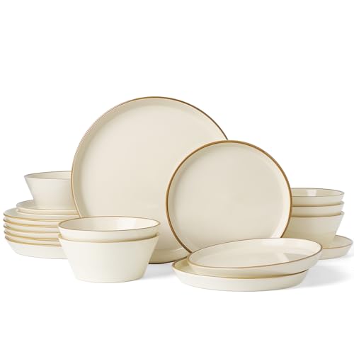 Famiware Saturn Plates and Bowls with Rim, Stoneware Dinnerware Sets for 6 | Vanilla White, 18-Piece Ceramic Dishes, Chip & Scratch Resistant, Microwave & Dishwasher Safe, Everyday, Formal and Party Use - color: Vanilla White, size: 18