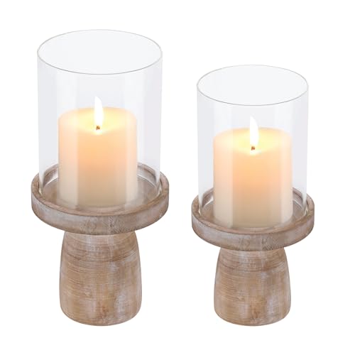 4" & 5" Glass Hurricane Candle Holders with Distressed Brown Solid Wooden Base in Set of 2, Decorative Centerpiece for Home, Coffee Table, Fireplace Mantel, Wedding, Modern Farmhouse Style - color: Rustic Brown, size: 4"&5"
