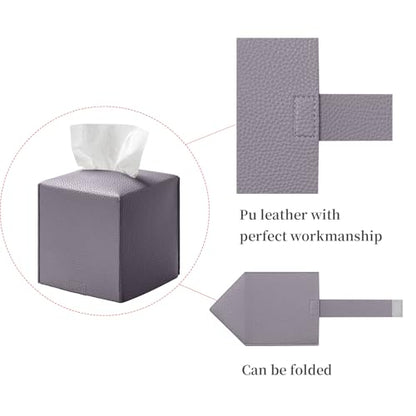 REGELETO Square Tissue Box Cover, Pu Leather Tissue Box Holder with Bottom Belt Modern Stylish Tissue Box Organizer for Bathroom, Bedroom, Hotel, Office Desk 5"X5"X5" - color: Single-purple