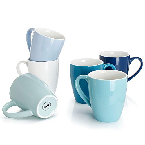 Sweese Porcelain Coffee Mugs - 16 Ounce - Set of 6, Cups for Latte, Hot Tea, Cappuccino, Mocha, Cocoa, Multicolor, Blue Assorted Colors - color: Multicolor, size: 6 Count (Pack of 1)