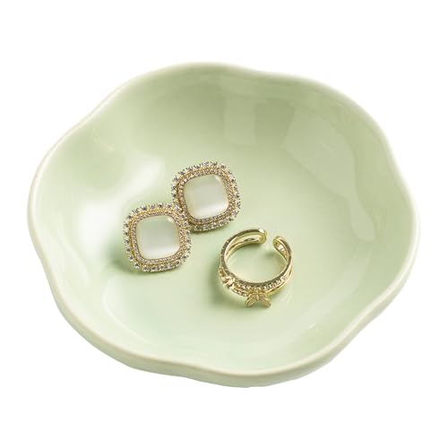 BEUNAIZER Ceramic Ring Dish, 4.3 in Flower Jewelry Tray with Raised Sides | Deep flower shape helps hold more small items and reduces the chance of jewelry sliding out. - color: green