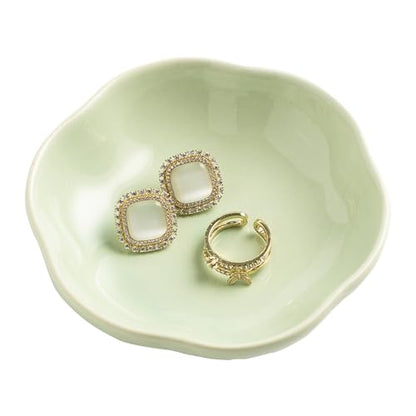 BEUNAIZER Ceramic Ring Dish, 4.3 in Flower Jewelry Tray with Raised Sides | Deep flower shape helps hold more small items and reduces the chance of jewelry sliding out. - color: green