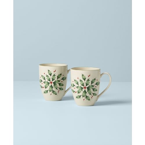 Lenox Hosting the Holidays Holly Porcelain Christmas Mug Set for 2, 14oz | dishwasher safe, microwave safe | coffee mug gift for coffee lovers, gift for women, coffee cups gift - style: Mugs, Holly
