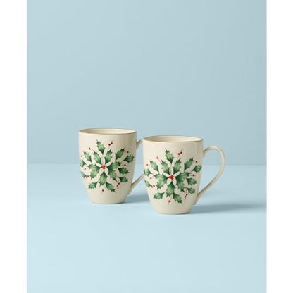 Lenox Hosting the Holidays Holly Porcelain Christmas Mug Set for 2, 14oz | dishwasher safe, microwave safe | coffee mug gift for coffee lovers, gift for women, coffee cups gift - style: Mugs, Holly