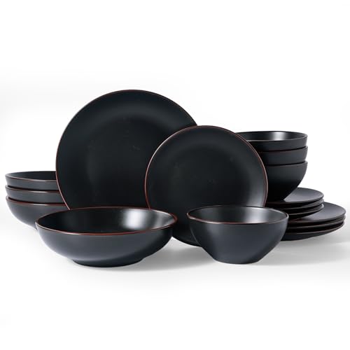 Famiware Venus Stoneware Dinnerware Sets with Pasta Bowls, Dishes Set for 4 | 16-Piece Ceramic Plates and Bowls with Rim, Chip‑Resistant, Everyday & Formal Use, Microwave & Dishwasher Safe, Matte Black - color: Black, size: Serves 4 (16pc w/ Pasta Bowl)