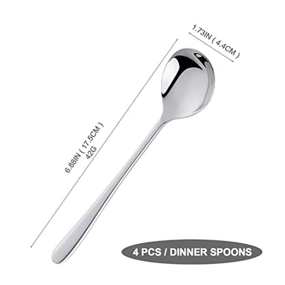 4-Piece Round Stainless Steel Bouillon Spoon Soup Spoons, Stainless Steel Large Round, Heavy-Weight Deep Bowl Spoon Set, Dinner Spoons for Soup Grain Dessert Milk, Dishwasher Safe - size: 4 pcs Silver