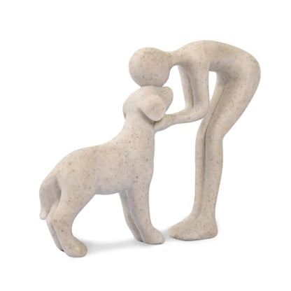 Abstract Person and Dog Head-to-Head Figurine Sandstone | abstract sculpture celebrating the bond between person and pet. Intimate head-to-head Touching memory keepsake for dog lovers - color: Sandstone