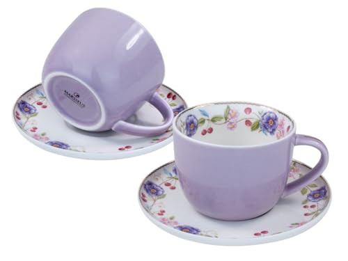 Porcelain Set of 2 Pastel Cups 8 oz with Saucers 5.75", Glamour by Marsseus Collection, Gift Box, Floral motif - color: Floral motif-2