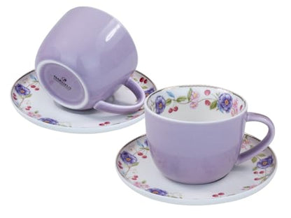 Porcelain Set of 2 Pastel Cups 8 oz with Saucers 5.75", Glamour by Marsseus Collection, Gift Box, Floral motif - color: Floral motif-2