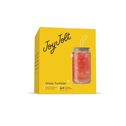 JoyJolt Fluted Glass Tumblers with Bamboo Lids and Glass Straws, Ribbed Can Shaped Drinking Glasses Set of 4, 16oz Cup with Lids and Straws, Iced Coffee Cups, Cocktail/Beer Glasses, Tea Cups - style: Clear Glasses