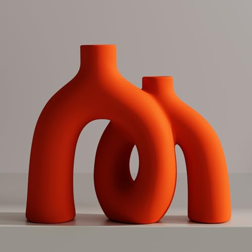 Hug Donut Decorative Vase Set - Modern Vases Home Decor, Decorative Vase for Bookshelf, Entryway Table, Dining Table Centerpiece, Mantle or Fireplace Decor, Console (Orange) - color: Orange