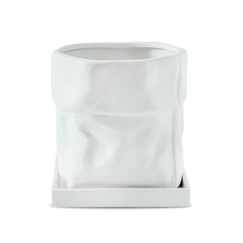 Nihow 6 Inch Ceramic Plant Pot with Drainage & Square Saucer, White | Bag Shape Design,Indoor & Outdoor,Living room/Office/Bedroom/Windowsill/Tabletop,Plant Lovers/Gardeners/Beginners - color: White, size: 6 Inch