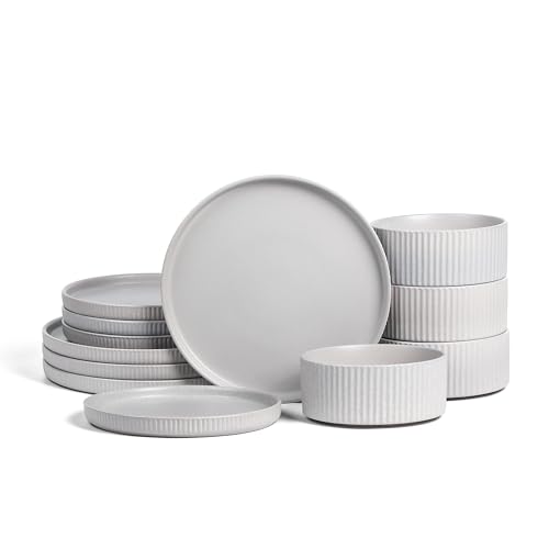 Stone Lain Haven Stoneware 12-Piece Dinnerware Set, Grey - Plates and Bowls Sets for 4, Elegant Dish Set, Includes Dinner Plates, Salad Plates Cereal Bowls, Microwave & Dishwasher Safe - color: Gray, size: 12-Piece - Service for 4