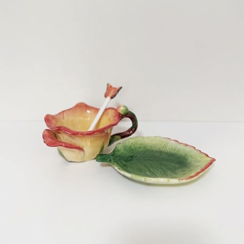 Ceramic Tea Cup and Saucer Set ，6OZ 3D Hand-Painted Flower and Lotus Leaf Coffee Mug，Gift for Women- Yellow Rose - color: Yellow Rose