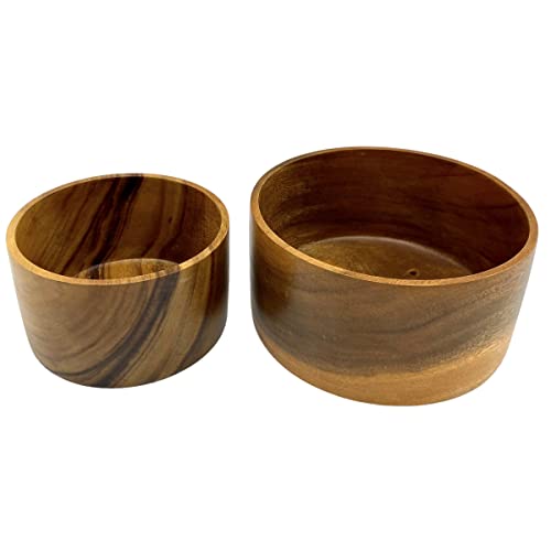 Acacia Wood Bowl Set of 2, Artisan Hand-Turned Cylindrical, 8" & 6" Bowls | Solid joint-free acacia wood bowls with continuous grain, handcarved for salad, fruit, bread, serving food 8 x 4 & 6 x 3.5 in