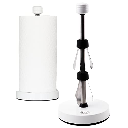 Heavy-Duty Stainless Steel Paper Towel Holder - Easy One-Handed Tear with Suction Cups - Modern Weighted Standing Countertop Dispenser for Kitchen - Holds All Paper Towel Rolls, White - color: White
