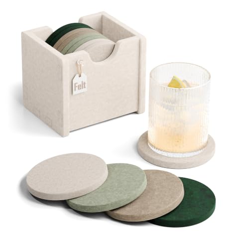 Fluxynara Felt Coasters with Holder, Set of 8 for Drinks, Nordic Moss | Round Felt Coasters, Absorbent, Heat-Resistant & Reusable for Drinks, Ideal for Coffee Tables and Living Rooms, 3.94 Inch - color: Nordic Moss, size: Round - 8 Count