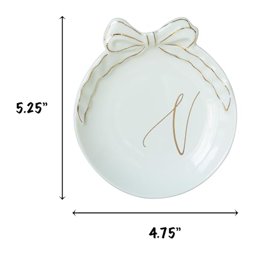 COLLECTIVE HOME Ceramic Jewelry Tray, Monogram Trinket Dish with Bow (V) | Mothers Day Graduation Christmas Birthday Gifts for Women, Bridesmaid Proposal Gifts, Features Real Gold Trim & Gift Box - color: V