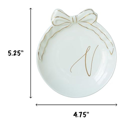COLLECTIVE HOME Ceramic Jewelry Tray, Monogram Trinket Dish with Bow (V) | Mothers Day Graduation Christmas Birthday Gifts for Women, Bridesmaid Proposal Gifts, Features Real Gold Trim & Gift Box - color: V
