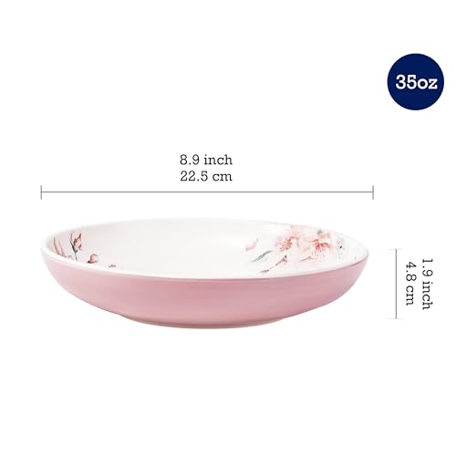 Bico Spring Sakura Pasta Bowls, 35oz Salad Bowl Set of 4, Large Ceramic Serving Dinner Bowls for Soup and Cereal, Microwave and Dishwasher Safe, Gift for Housewarming and Thanksgiving - color: Spring Sakura