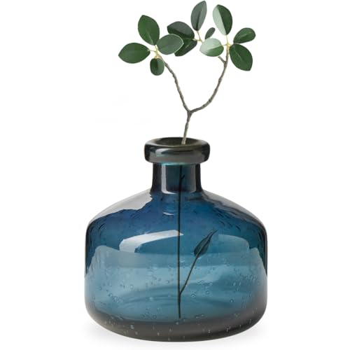 Torre & Tagus 5" Solid Blue Glass Vase for Flowers & Reed Diffuser Bottle - Mouth Blown & Watertight Clear Blue Vases for Modern Home Decor, Wide Bud Vases for Shelf, Bookcase, or Wedding Gift (Tito) - color: Blue, size: 5 inch