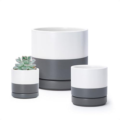 D'vine Dev 3-Pack Ceramic Pots with Saucers, 3/4/6 in, White/Grey, 94-T-S-6 | Glazed Ceramic, Drainage Hole, Perfect-Fit Saucer, Sleek Cylinder Shape, High Temperature Fired, Elegant Home Accent - color: White/Speckled Grey, size: 3"+4"+6"